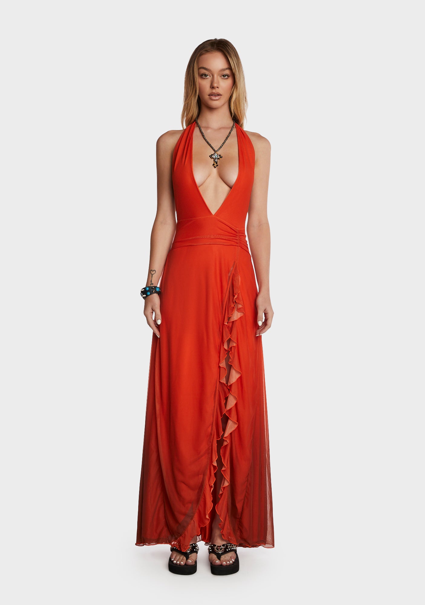 Generation Kiss Mesh Plunging Side Slit Maxi Dress
