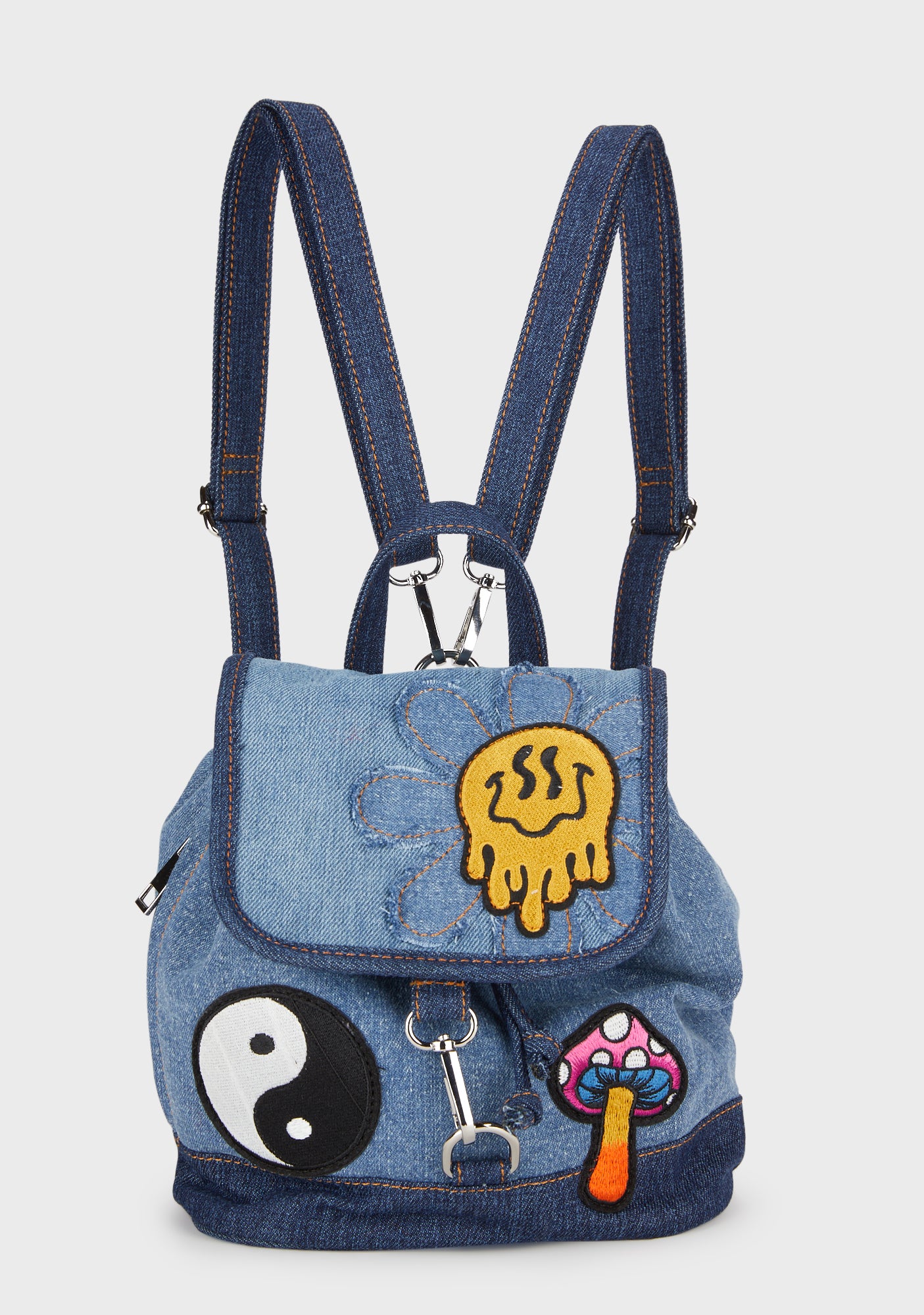 denim patchwork mini backpack Current Mood Denim Embroidered Patch Mini Backpack