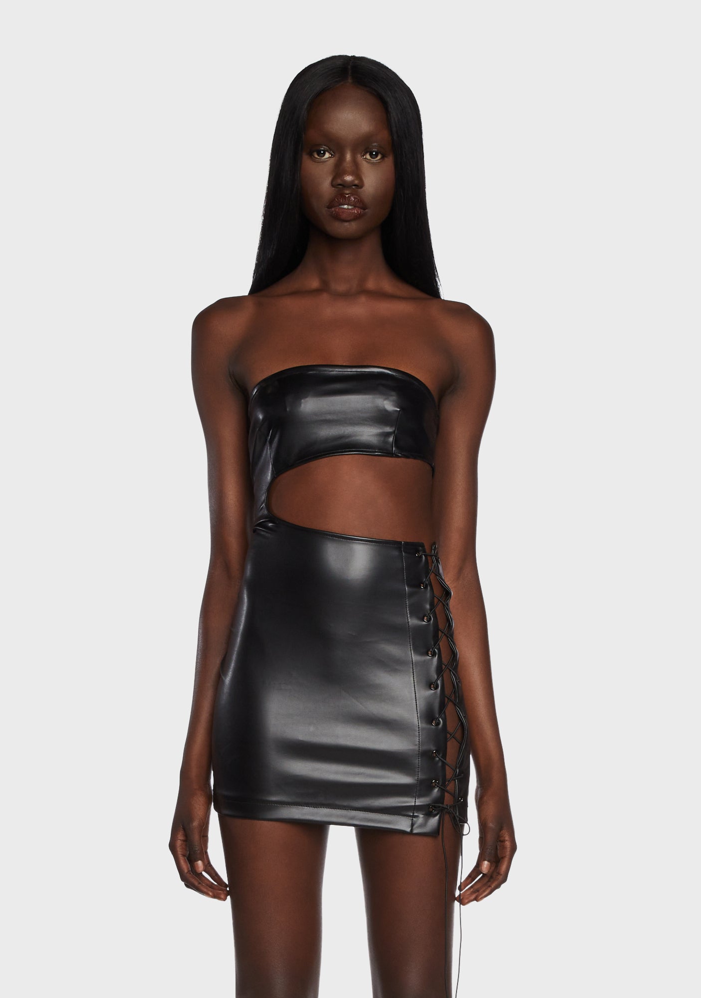 Edikted Vegan Leather Lace Up Dress - Black Dolls Kill Edikted Vegan Leather Lace Up Dress - Black Dolls Kill
