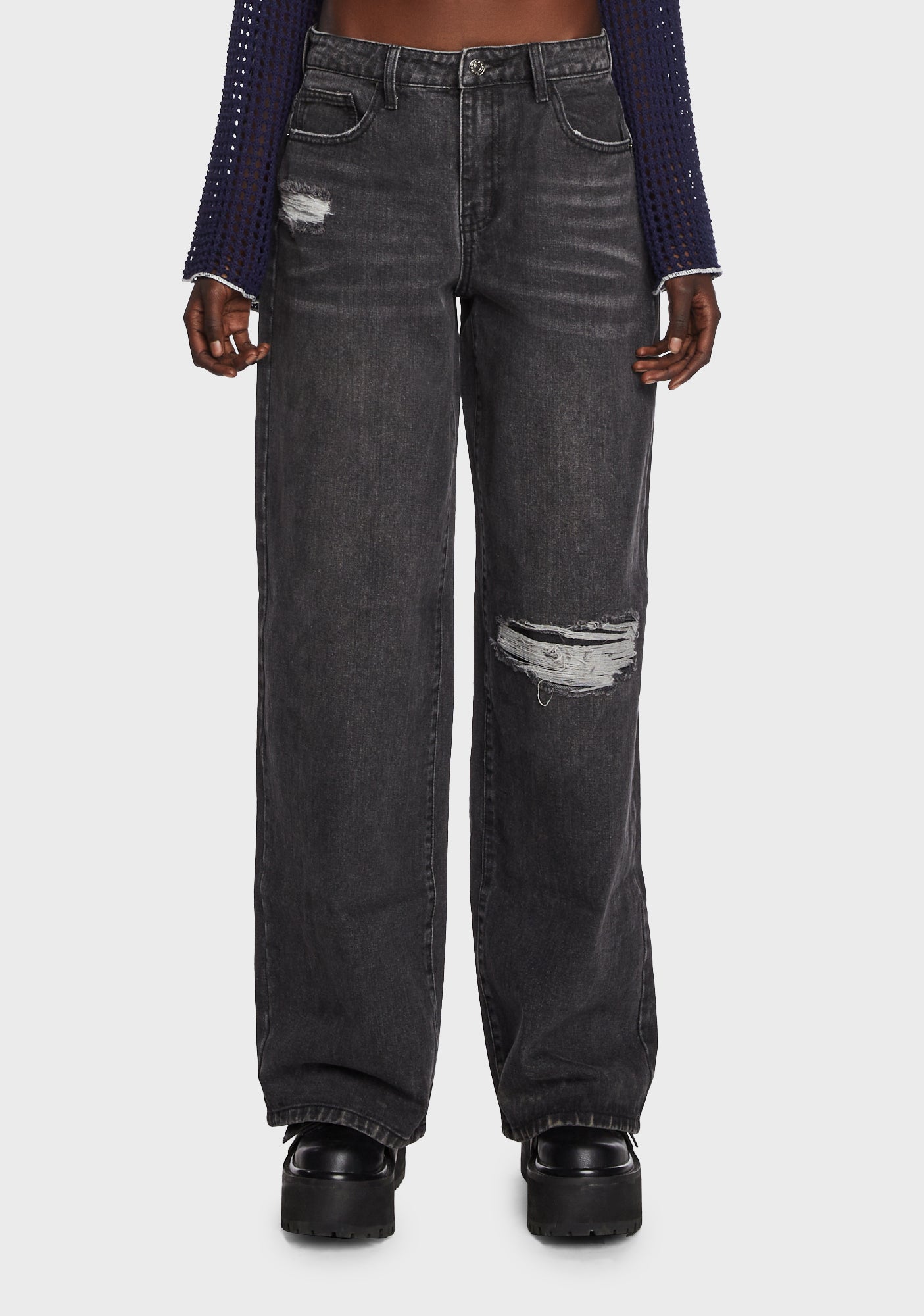 Momokrom Wide Leg Ripped Baggy Jeans Black