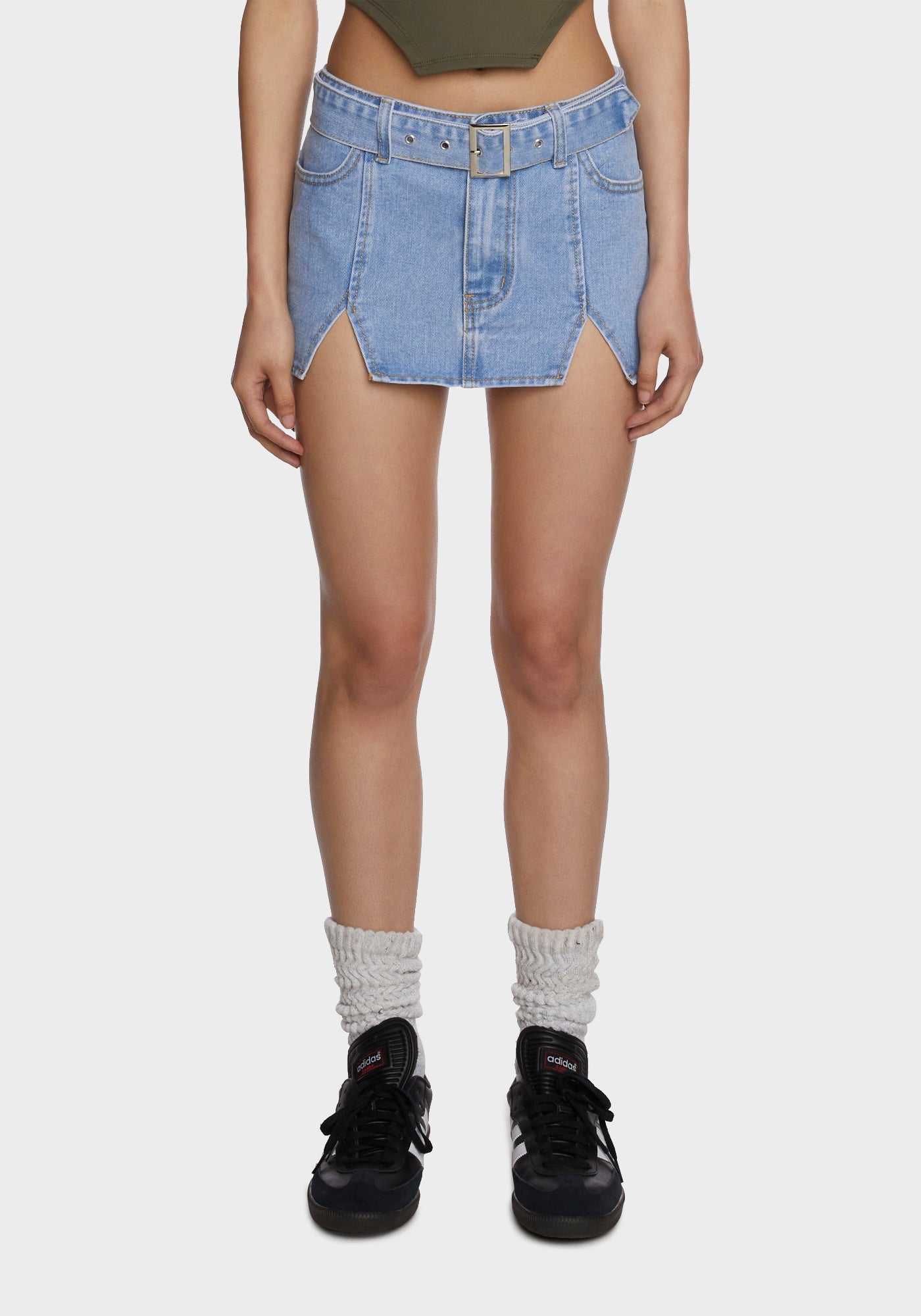Momokrom Low Rise Notch Hem Denim Mini Skirt Blue Dolls Kill