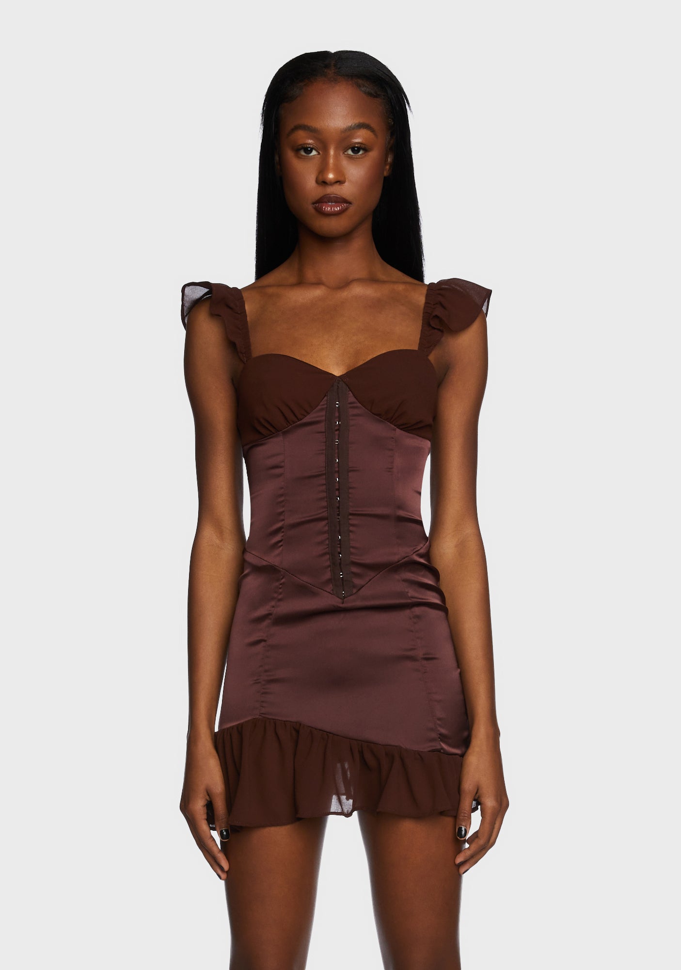 Satin Chiffon Ruffle Corset Mini Dress - Brown Dolls Kill Satin Chiffon Ruffle Corset Mini Dress - Brown Dolls Kill