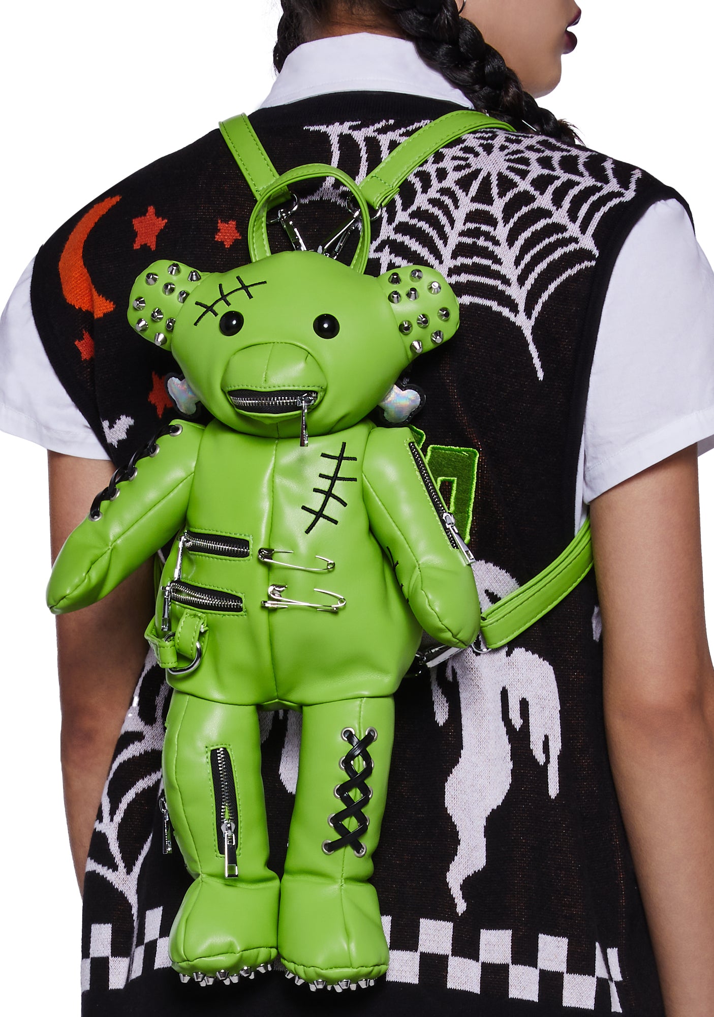 Trickz N Treatz Vegan Leather Franken Bear Backpack Green Dolls Kill