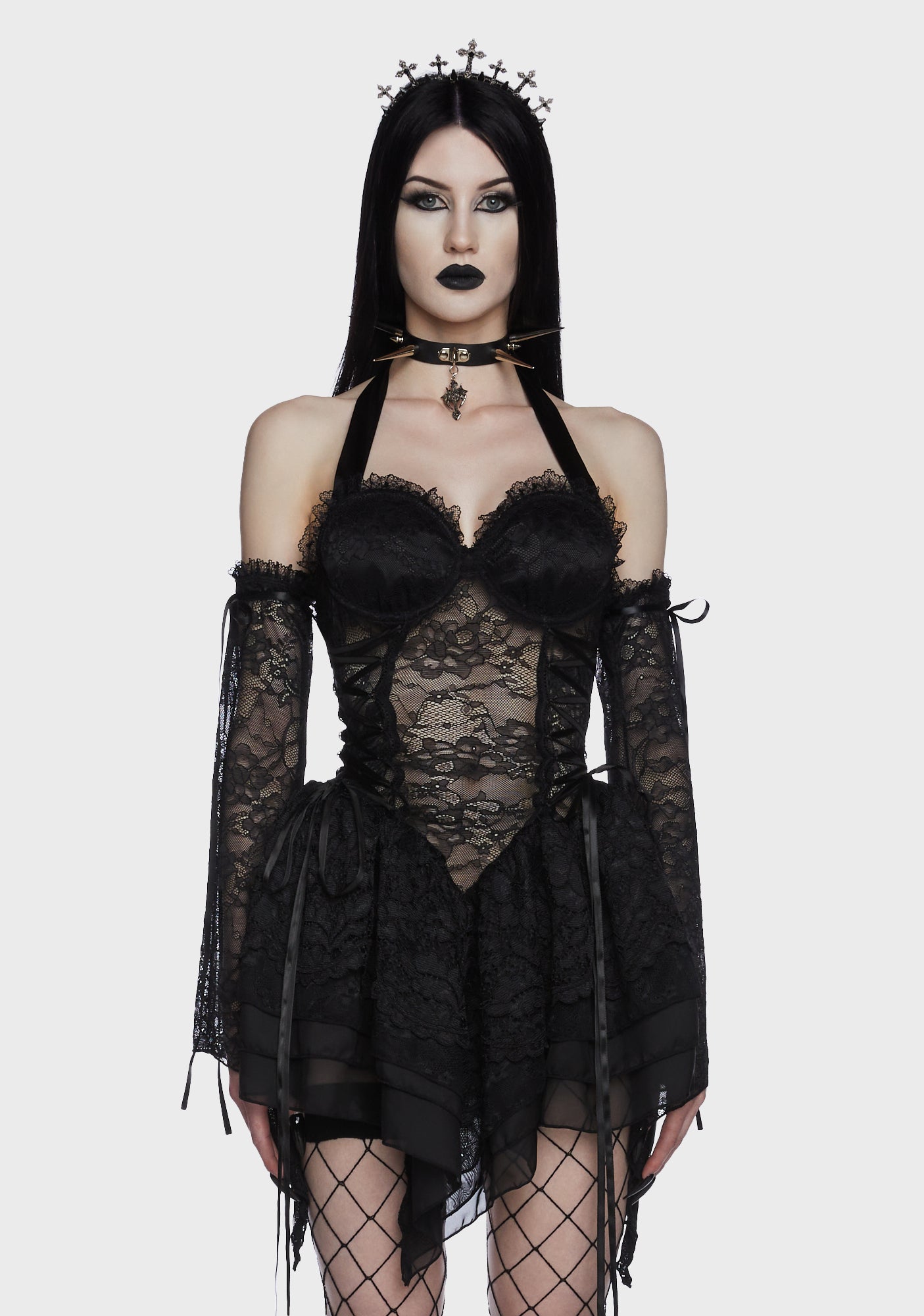 Widow Lace Chiffon Sweetheart Mini Dress With Sleeves - Black