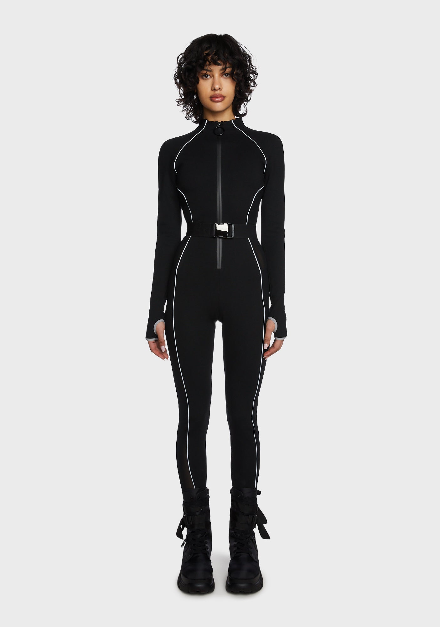Poster Grl Reflective Trim Zip Up Buckle Catsuit Black – Dolls Kill