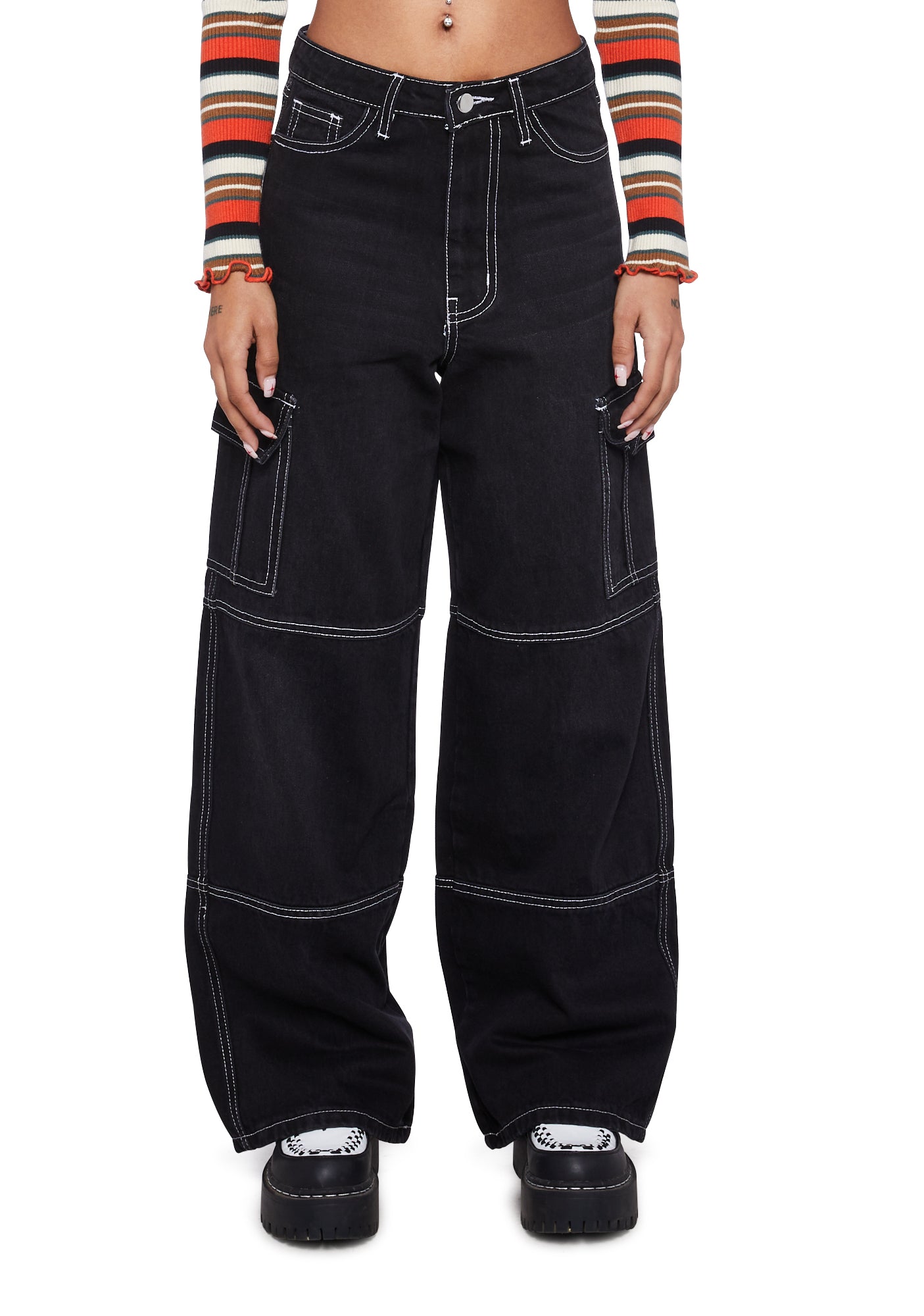 Street Chic Contrast Ribbed Denim Pant Set-black