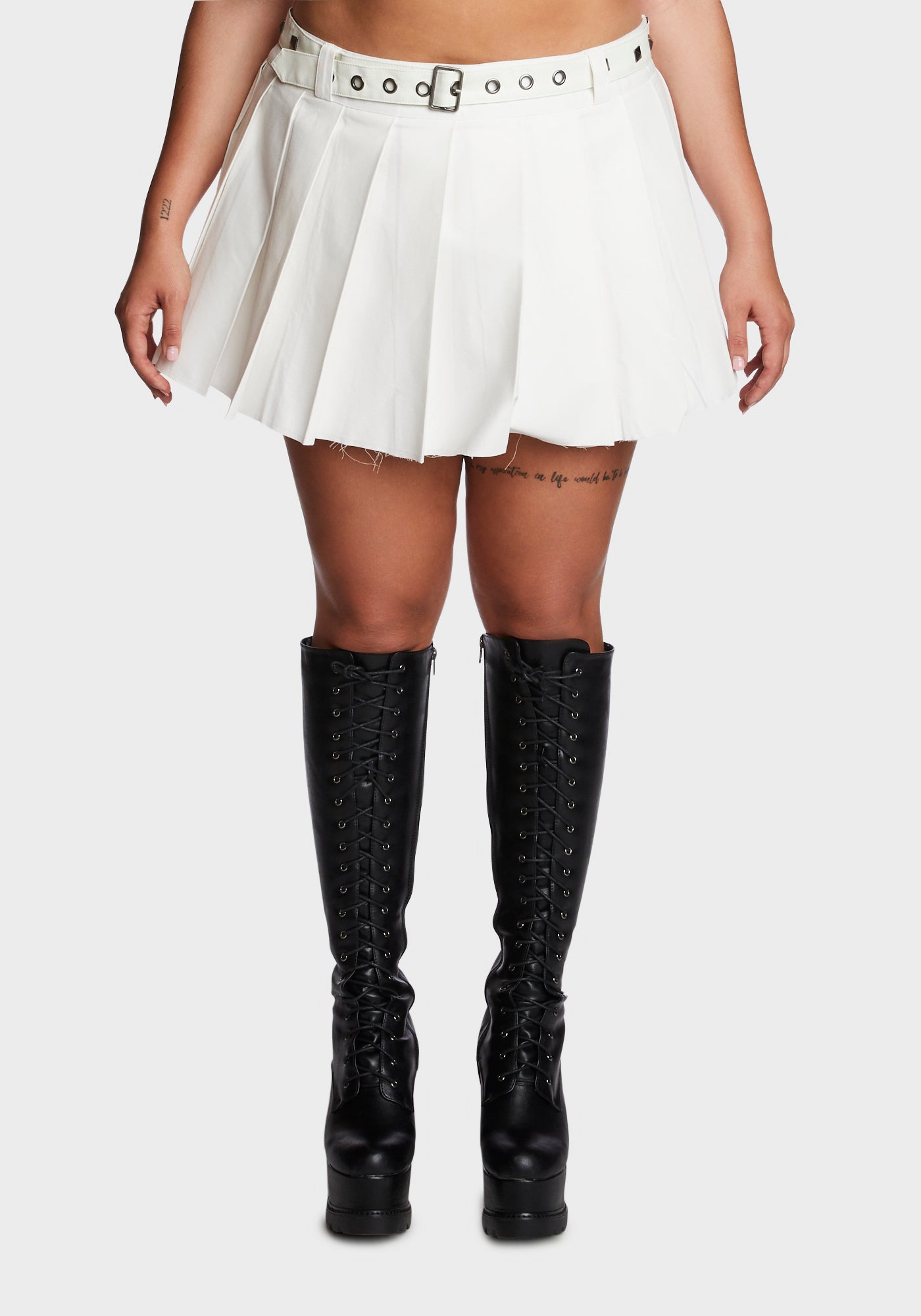 Current Mood Plus Size Belted Pleated Micro Mini Skirt Off White Dolls Kill