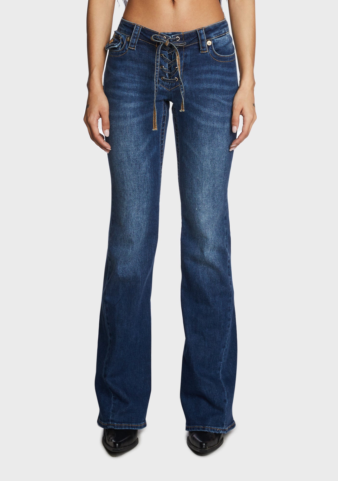 True Religion Brand Jeans Low Rise Lace Up Jeans - Blue