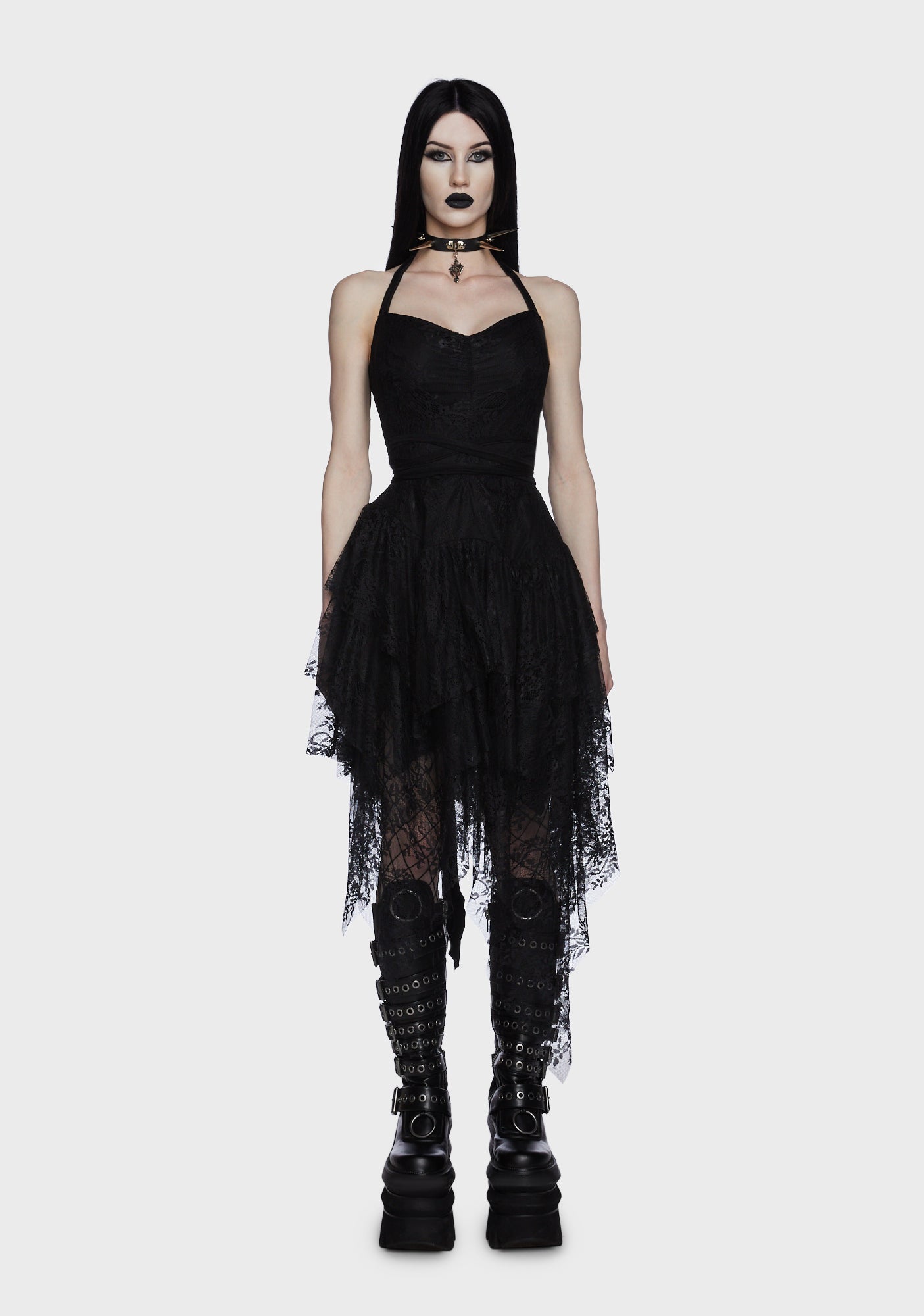 Widow Lace Overlay Halter Midi Dress - Black