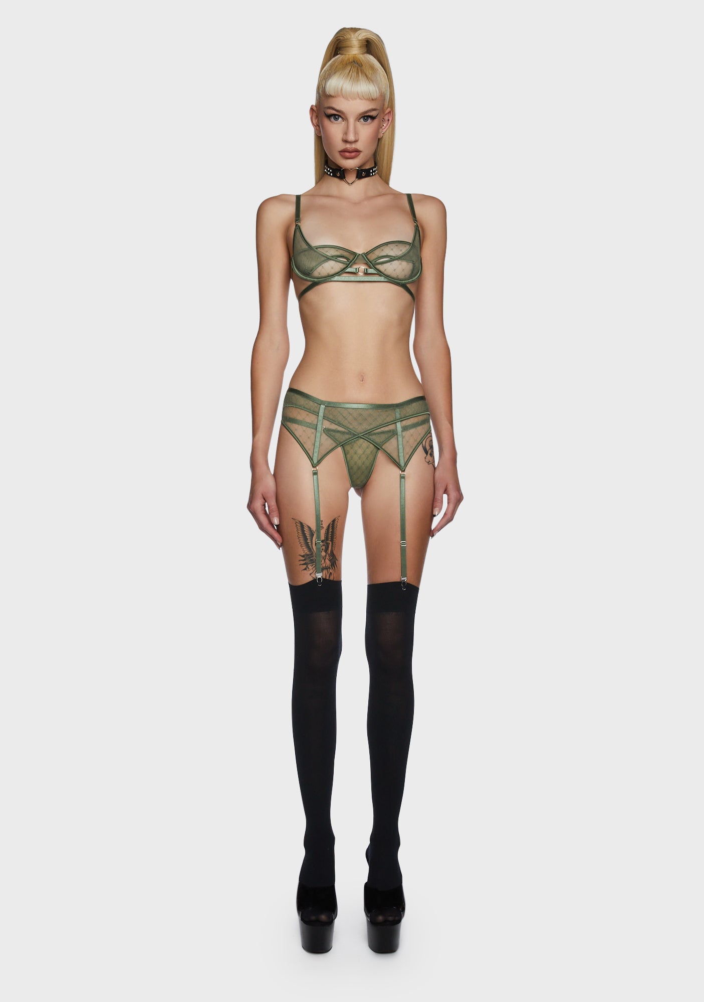 Mesh Swiss Dot Bra Thong Garter Belt Set - Green Dolls Kill Mesh Swiss Dot Bra Thong Garter Belt Set - Green Dolls Kill