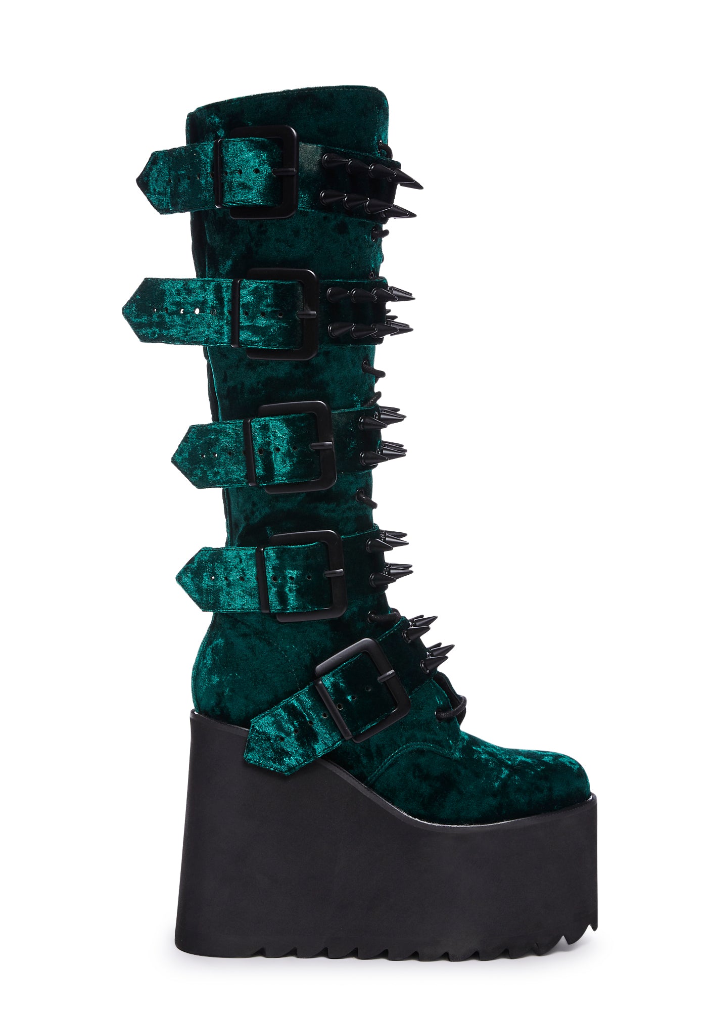 Widow Spiked Buckle Velvet Knee High Platform Boots Green Dolls Kill
