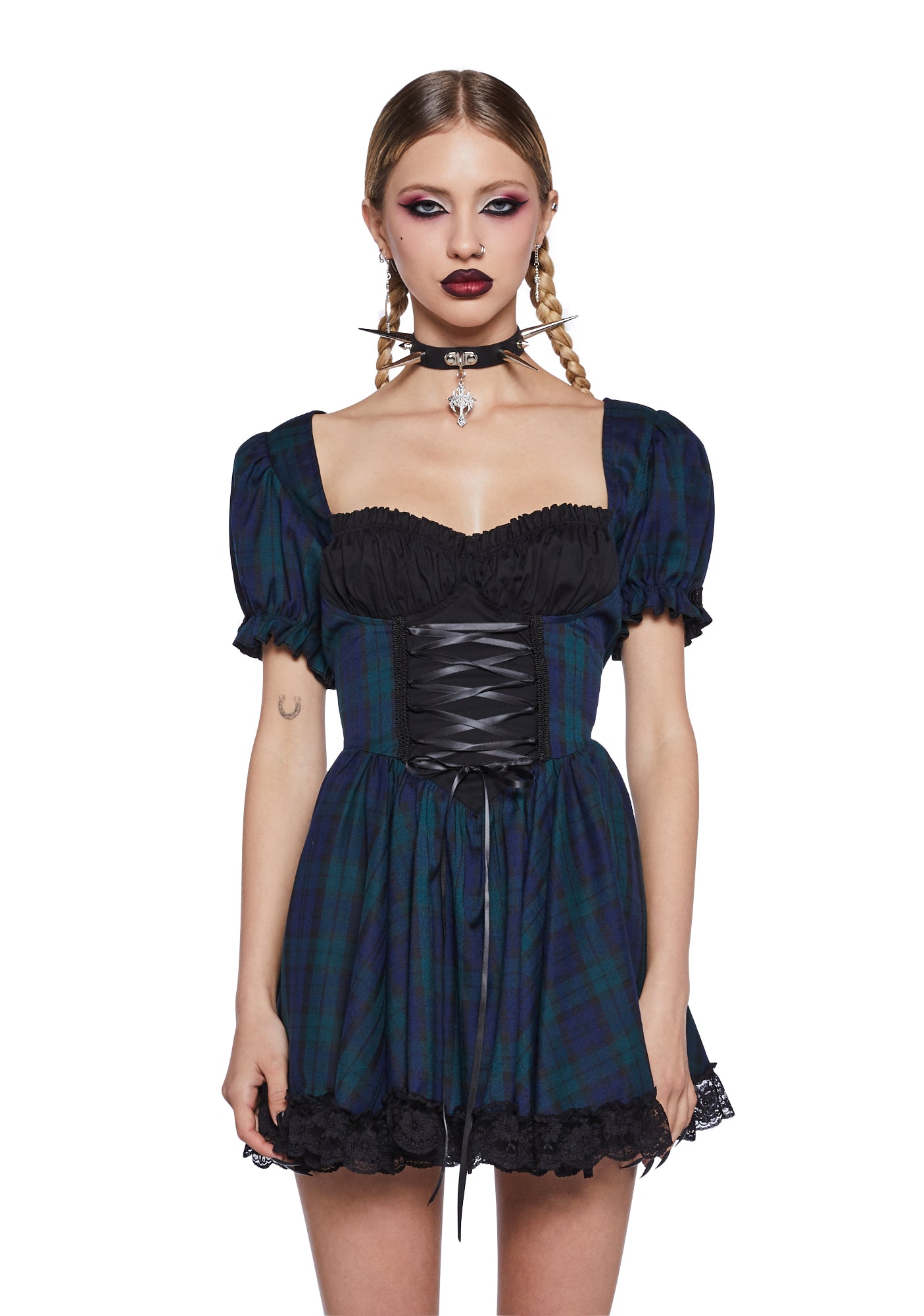 Widow Plaid Milkmaid Mini Babydoll Dress - Multi Dolls Kill Widow Plaid Milkmaid Mini Babydoll Dress - Multi Dolls Kill