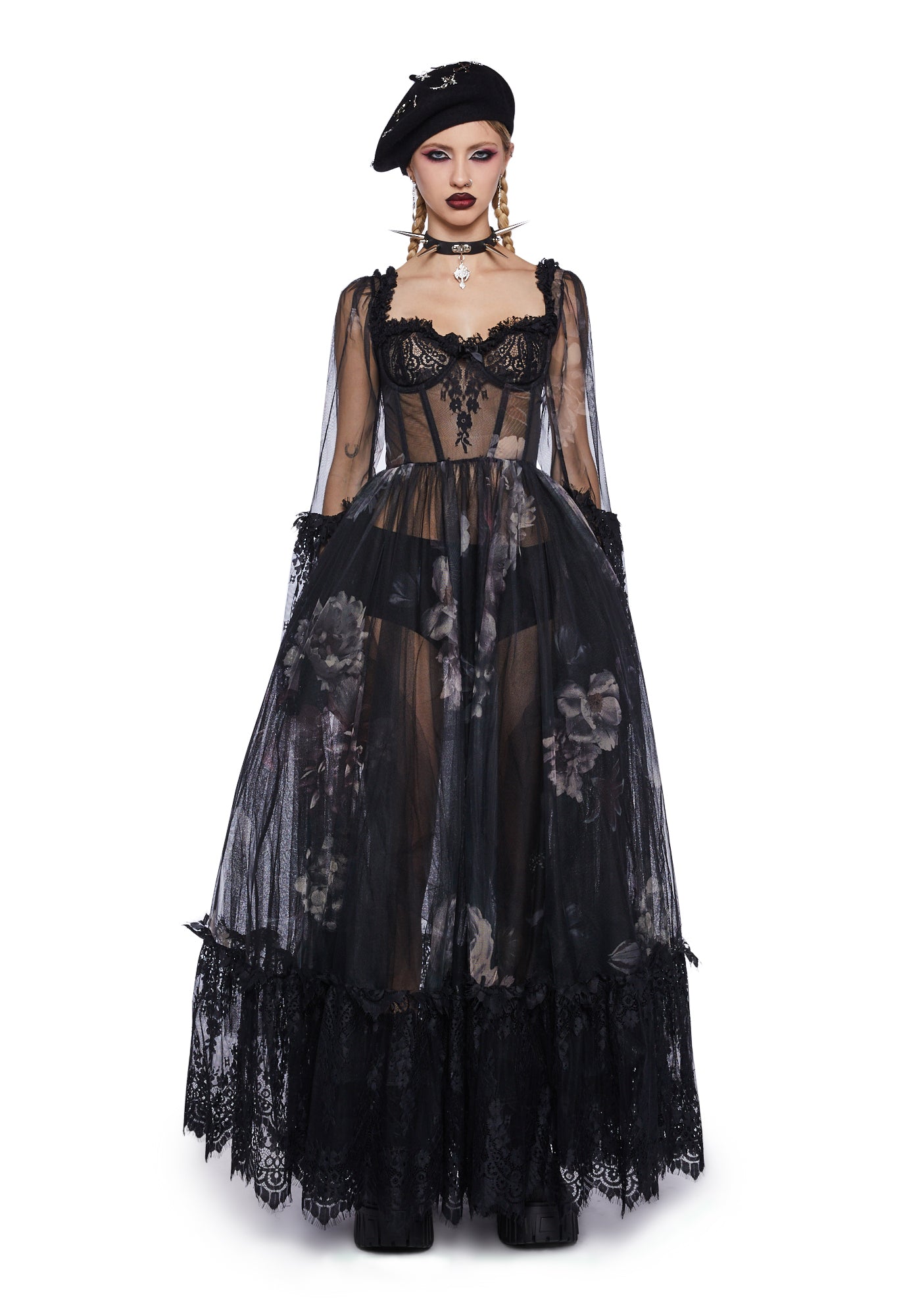Widow Floral Mesh Gothic Maxi Dress - Multi