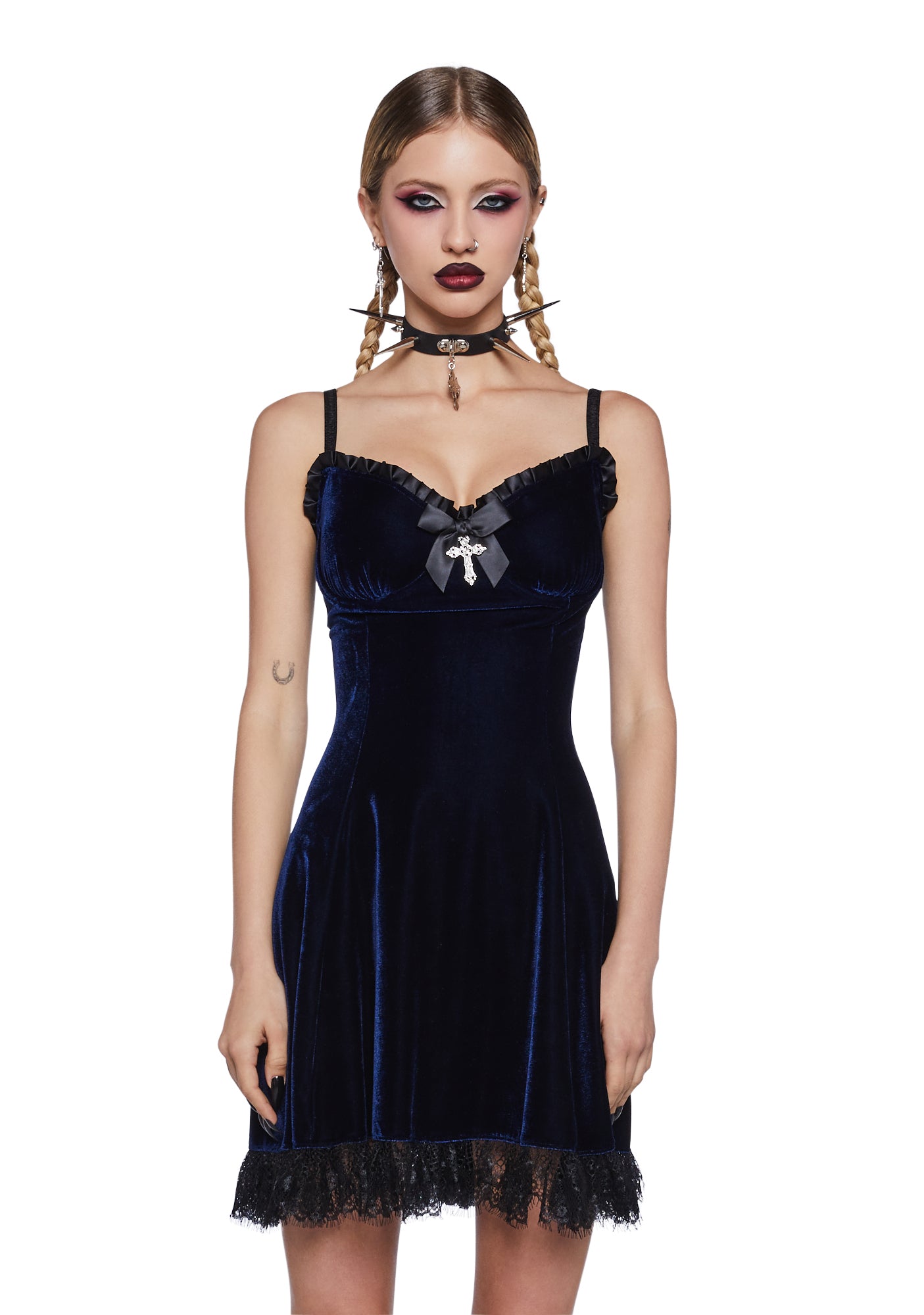 Widow Velvet Cross Charm Mini Dress - Dark Blue Dolls Kill Widow Velvet Cross Charm Mini Dress - Dark Blue Dolls Kill