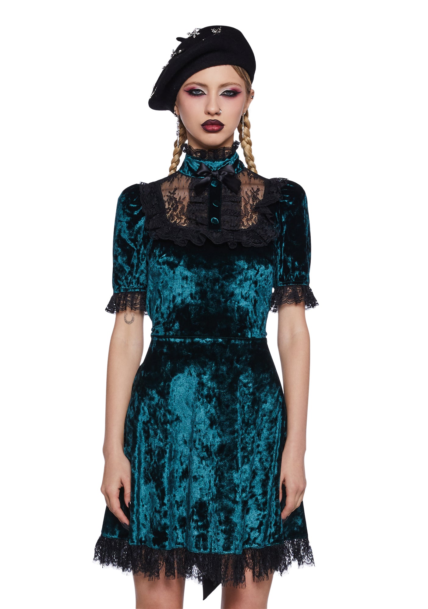 Widow Crushed Velvet Lace Trim Mini Dress - Dark Green