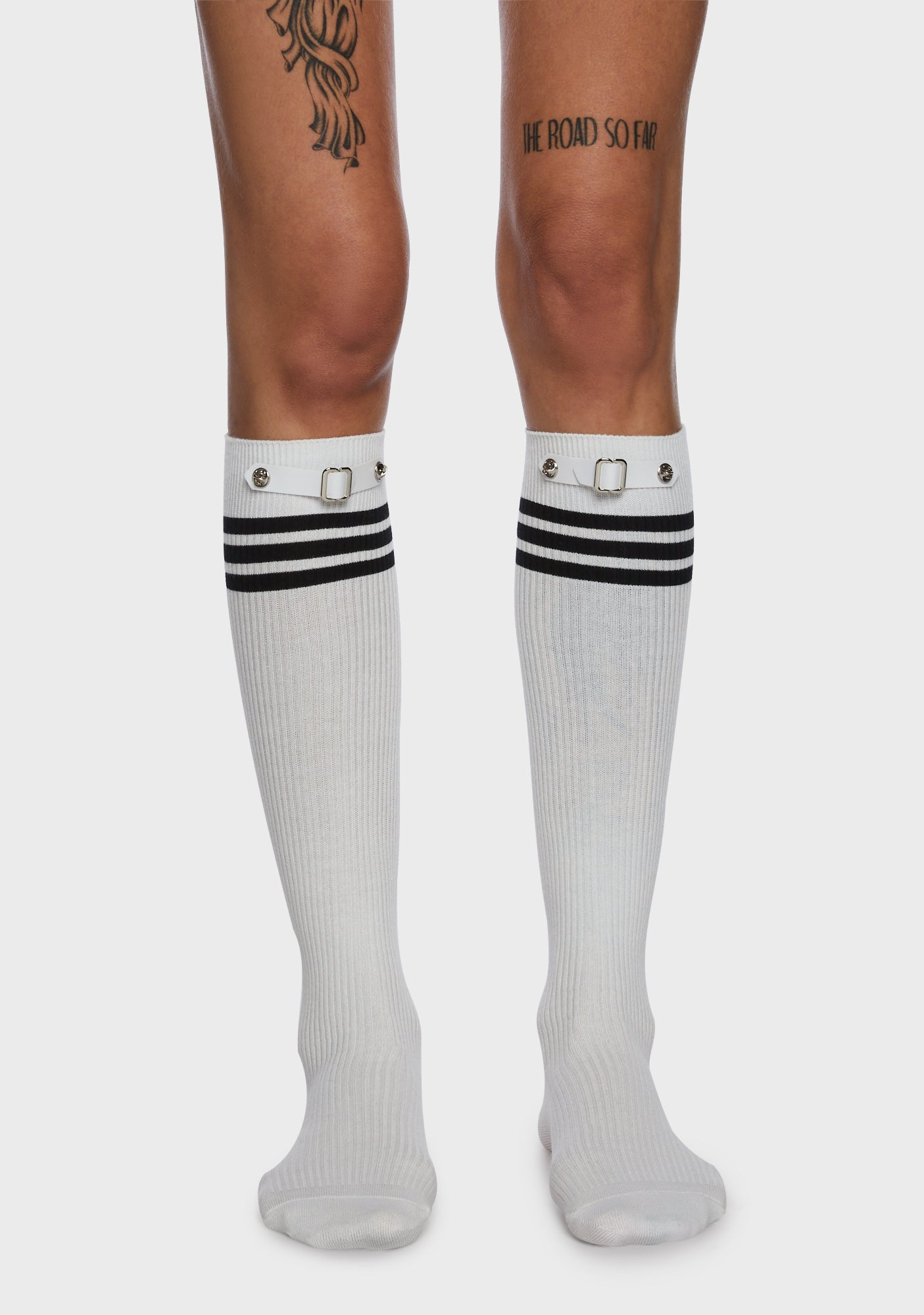Striped Vegan Leather Strap Knee High Socks - White – Dolls Kill