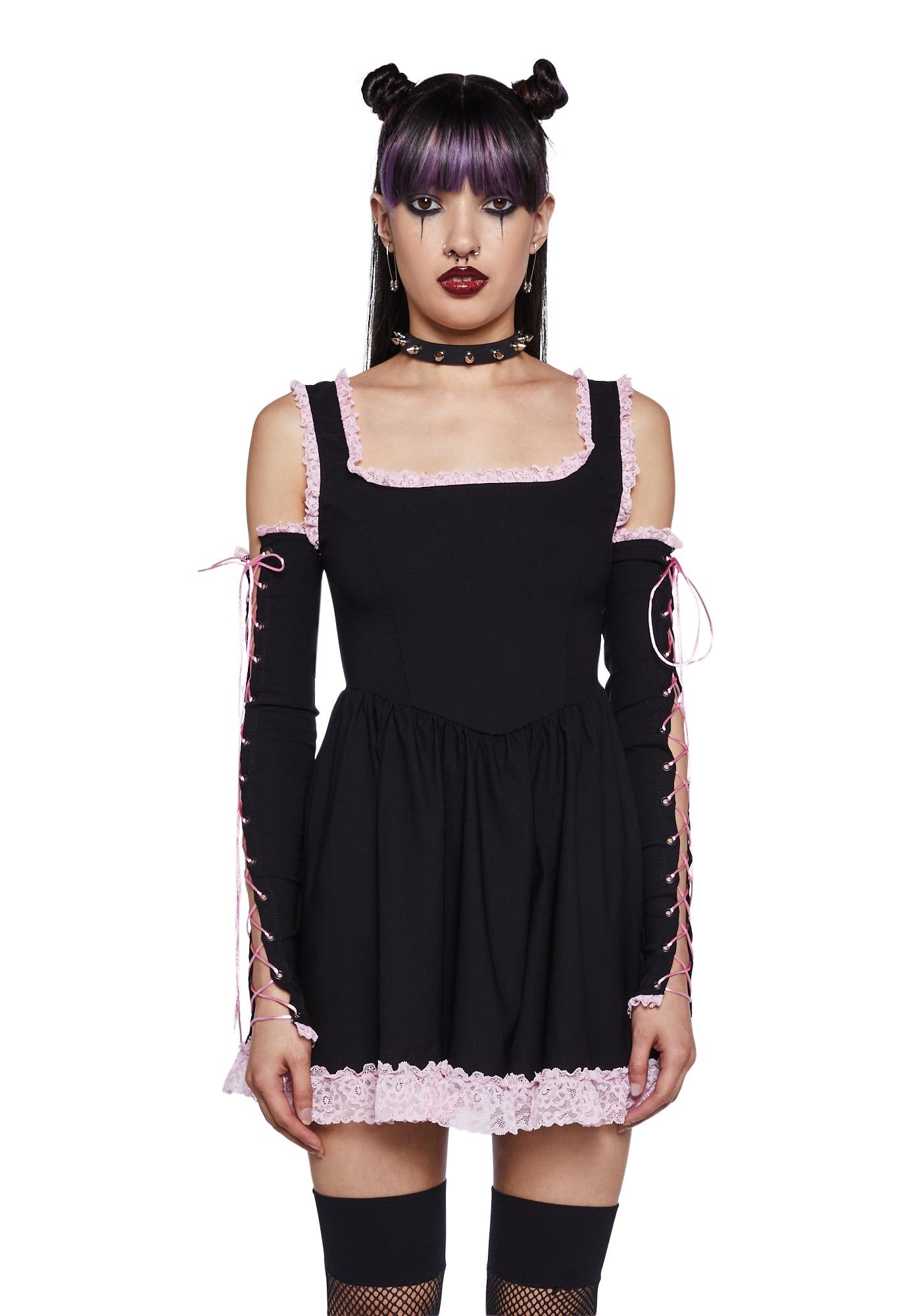 The Grave Girls Lace Trim Dress With Lace Up Gloves - Black/Pink