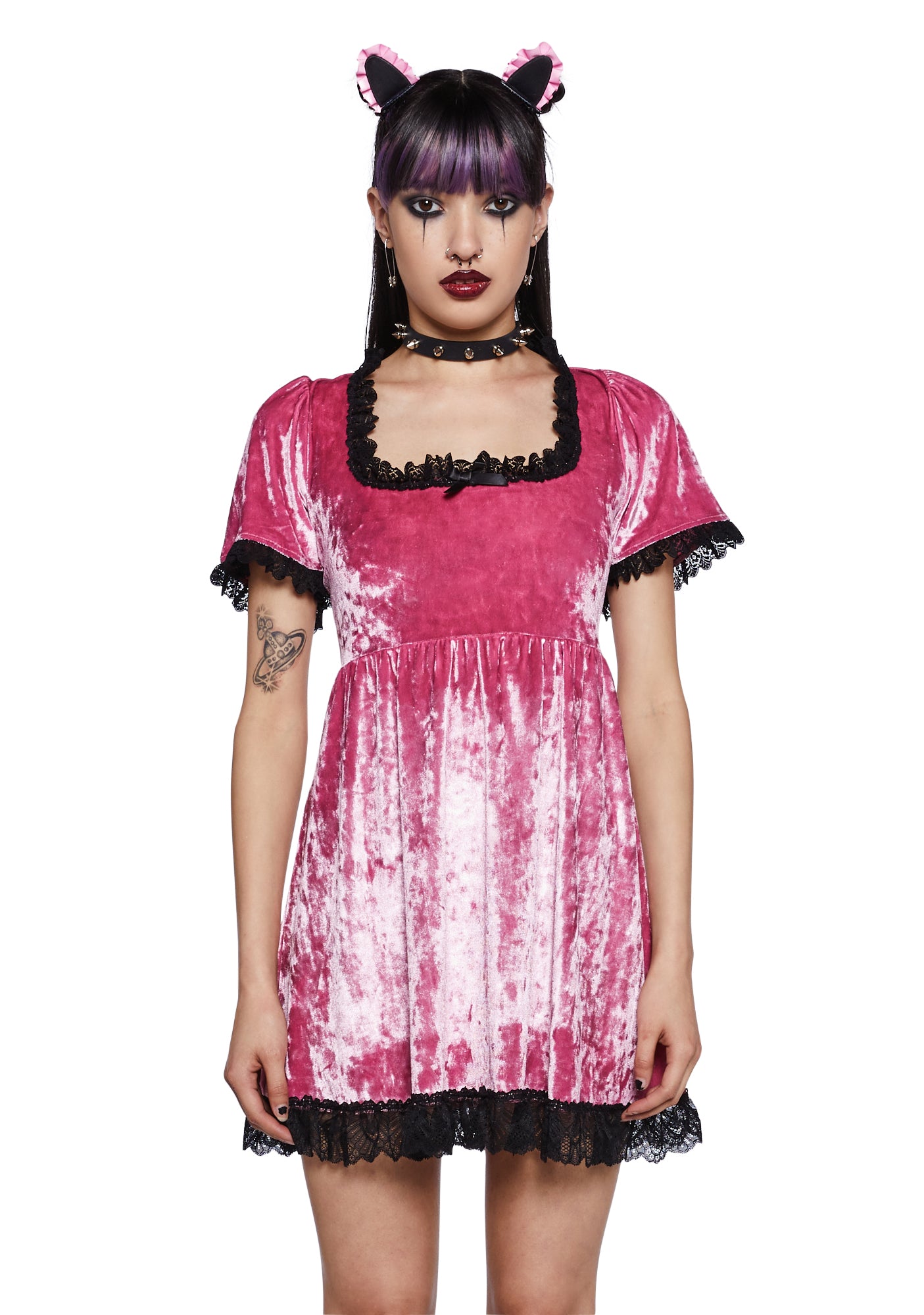 The Grave Girls Crushed Velvet Babydoll Mini Dress - Pink