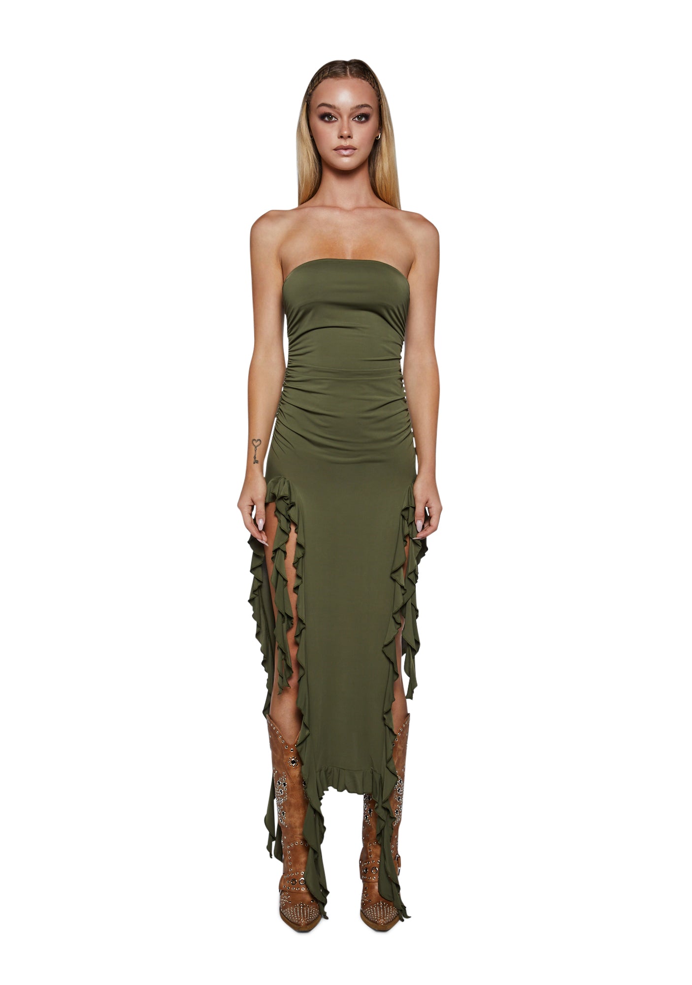 Lioness Strapless Ruffle Midi Dress - Olive Dolls Kill Lioness Strapless Ruffle Midi Dress - Olive Dolls Kill