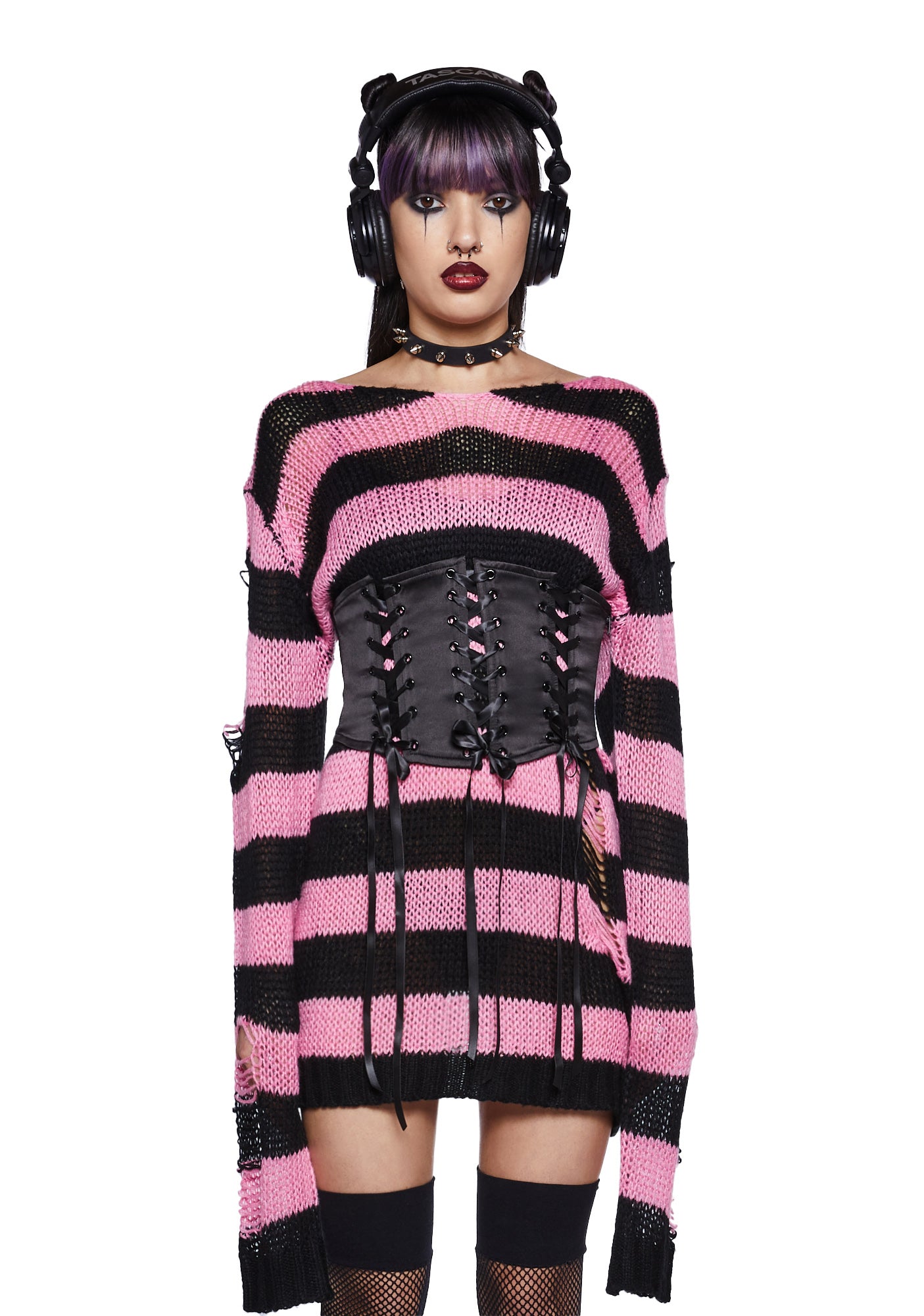 The Grave Girls Distressed Striped Oversized Sweater Black Pink Dolls Kill
