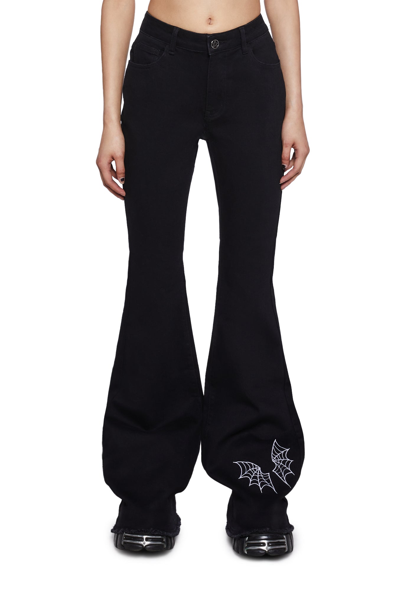 The Grave Girls Embroidered Bat Flared Pants - Black