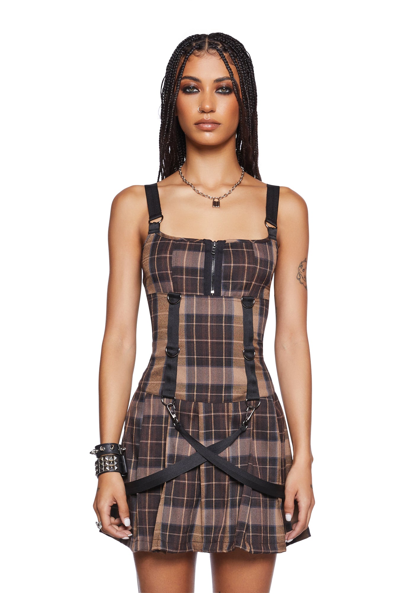 ミストレアス Fur Sleeve Plaid Shirt Dress MISTREASS Fur Sleeve