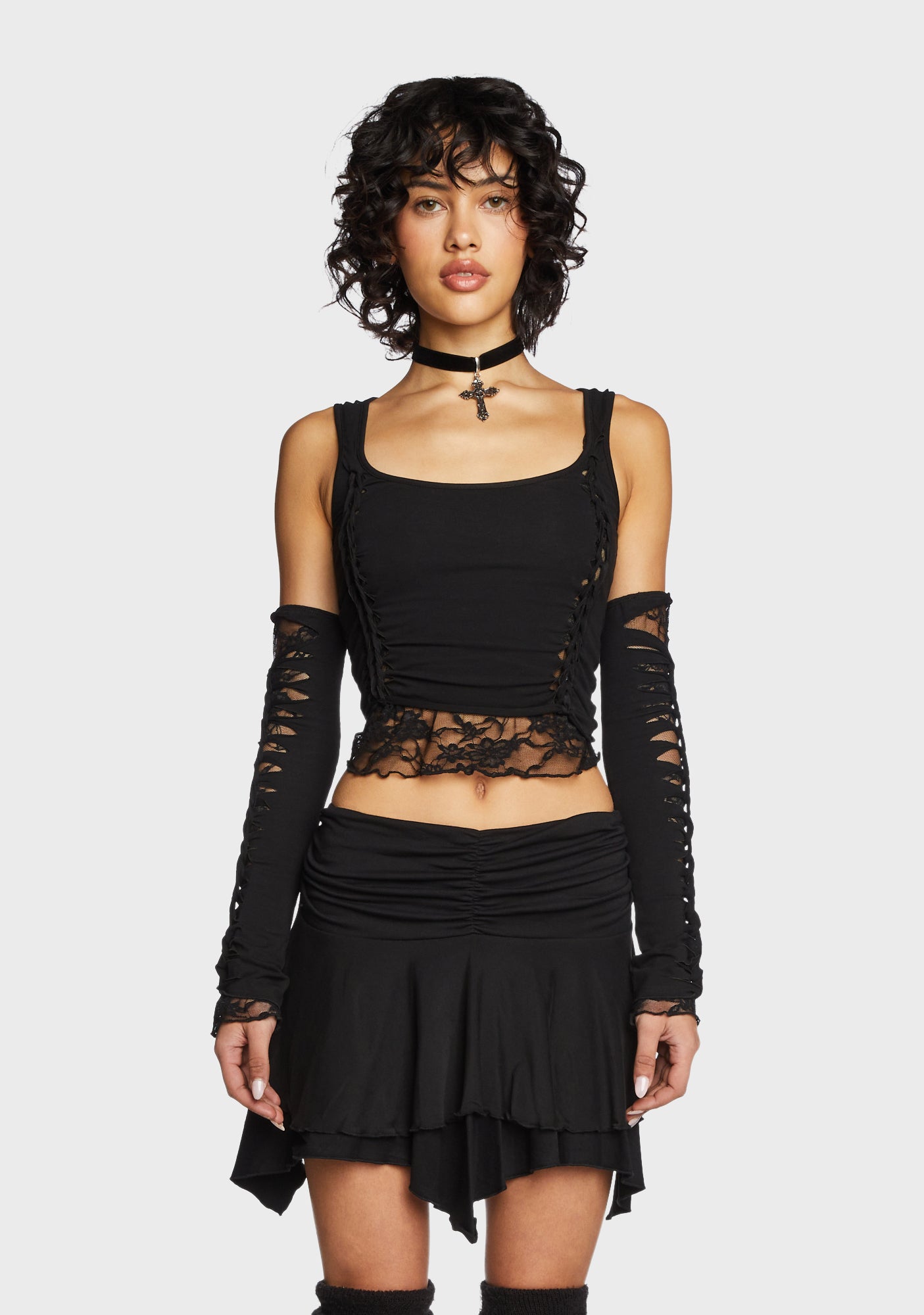 Current Mood Lace Cut Out Crop Top And Gloves Set - Black