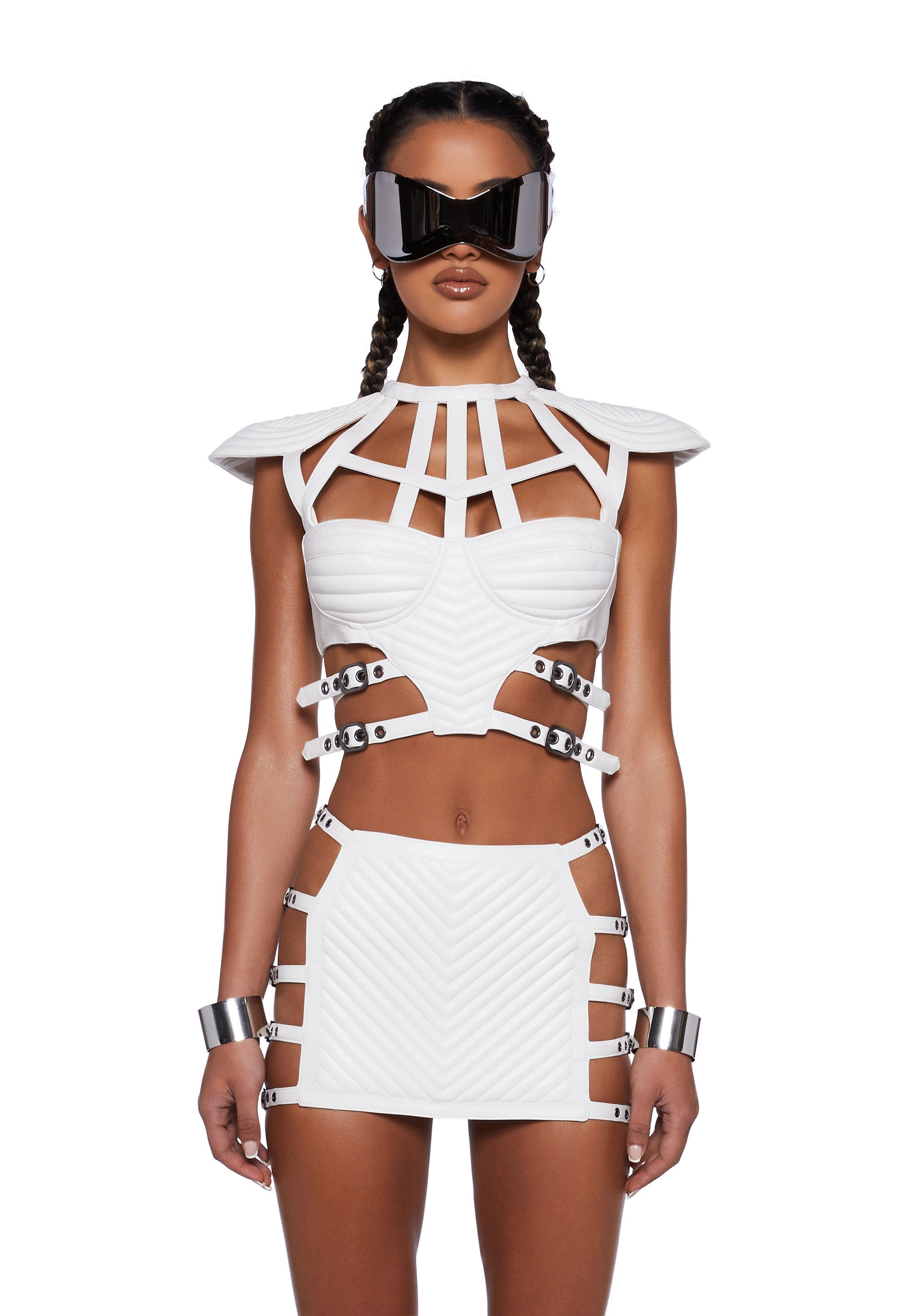 Club Exx Quilted Vegan Leather Cutout Bustier Top - White