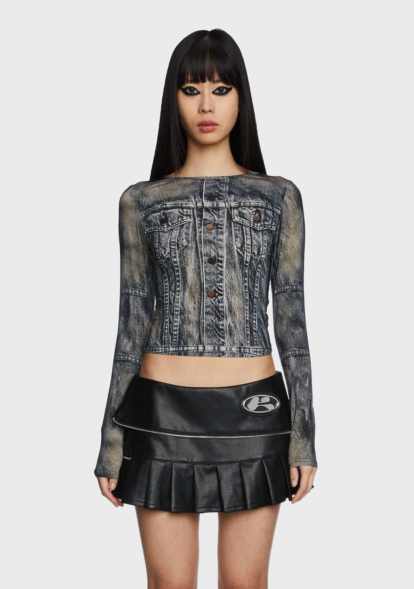 The Kript Denim Print Long Sleeve Top - Gray – Dolls Kill