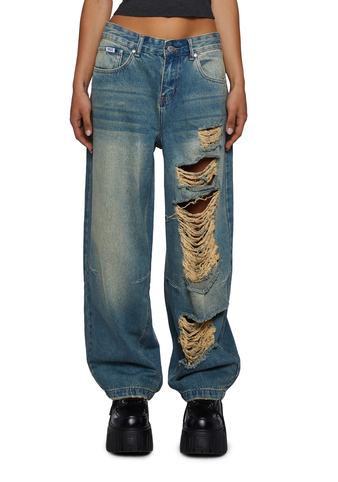 The Ragged Priest Distressed Cut Out Baggy Jeans Blue – Dolls Kill