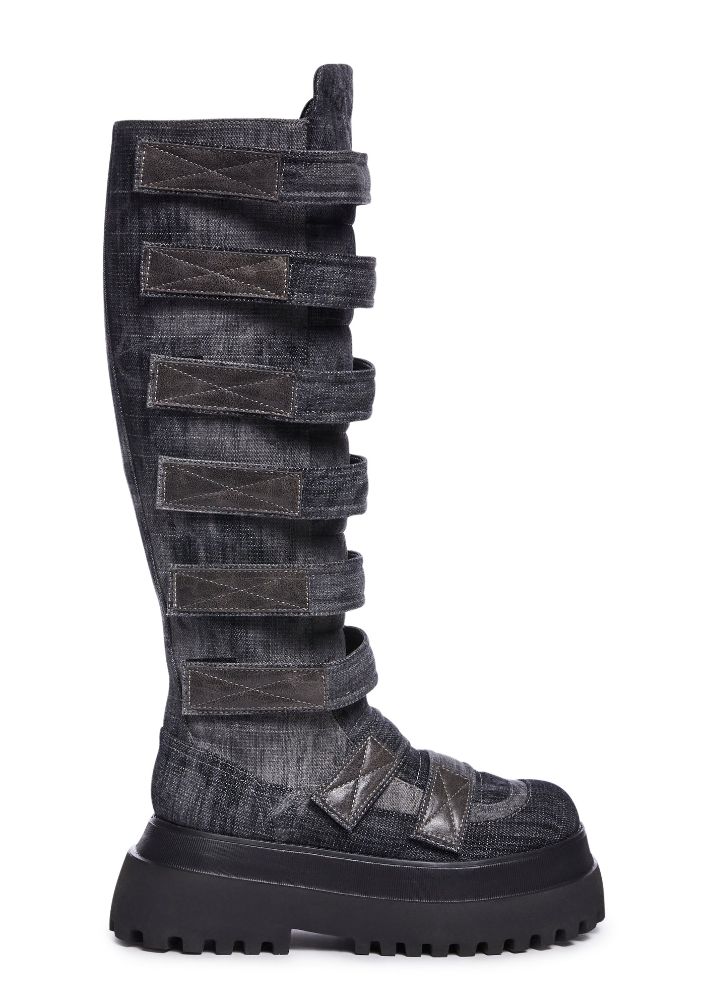 Club Exx Strappy Velcro Knee High Combat Boots Dark Gray