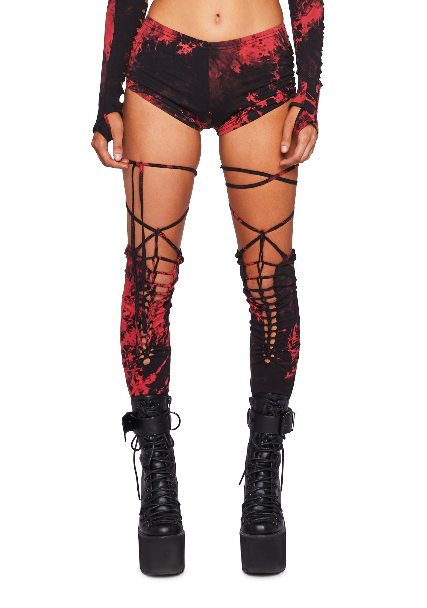 Club Exx Tie Dye Shredded Shorts And Stockings Set - Red