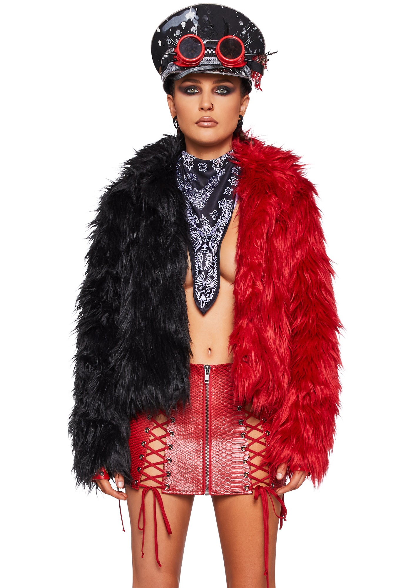 Club Exx Color Block Faux Fur Jacket Red Black Dolls Kill