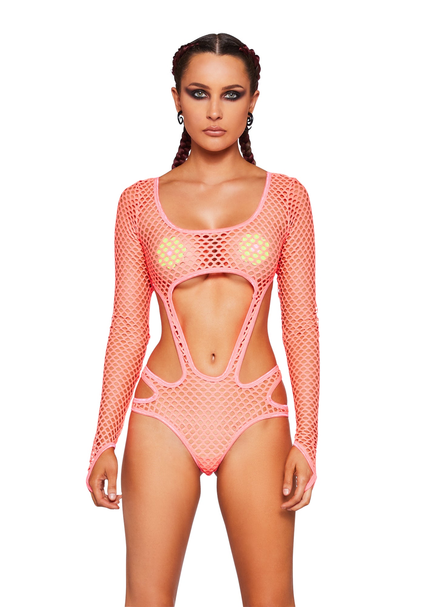 Club Exx Long Sleeve Cut Out Fishnet Bodysuit - Neon Pink Dolls Kill Club Exx Long Sleeve Cut Out Fishnet Bodysuit - Neon Pink Dolls Kill