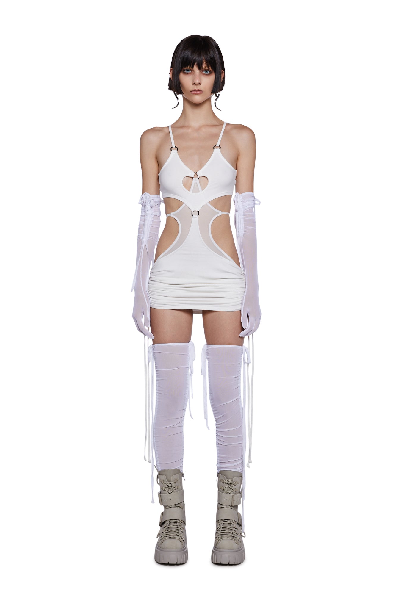 Darker Wavs Strappy Ruched Mesh Gloves And Stockings Set - White