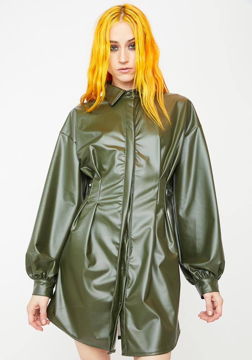 Vegan Leather Oversized Balloon Sleeve Shirt Dress - Green Dolls Kill Vegan Leather Oversized Balloon Sleeve Shirt Dress - Green Dolls Kill