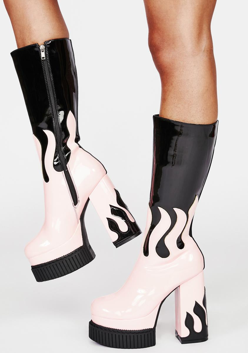 Lamoda Vegan Leather Flame Print Zip Up Platform Boots - Pink