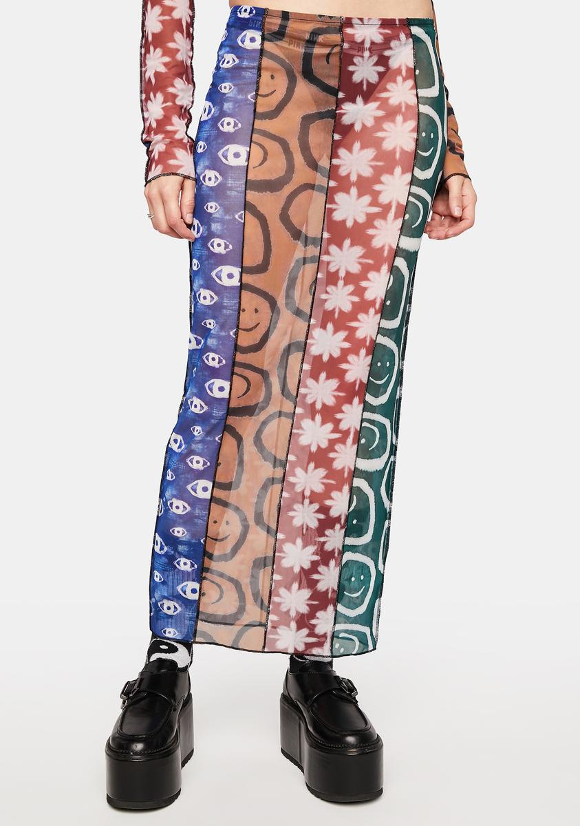 The Ragged Priest Mesh Graphic Patchwork Maxi Skirt Green Dolls Kill