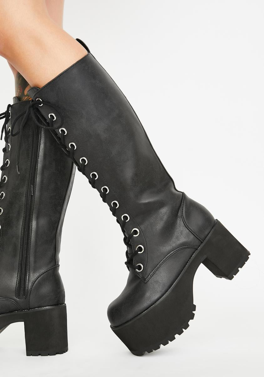 Distressed Knee-High Nosebleed Boots – Dolls Kill
