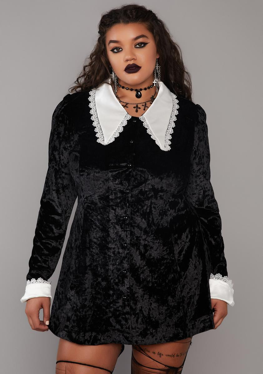 Plus Size Widow Crushed Velvet Collared Mini Dress - Black Dolls Kill Plus Size Widow Crushed Velvet Collared Mini Dress - Black Dolls Kill