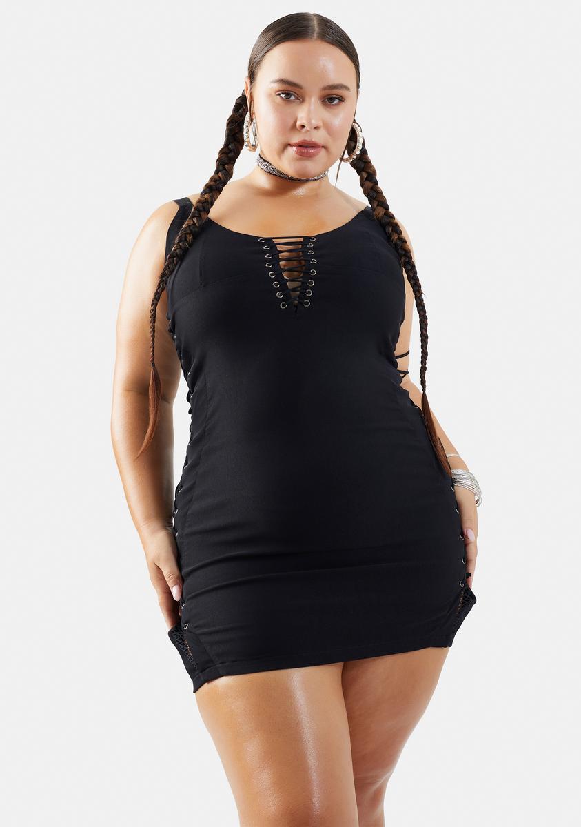 Plus Size Poster Grl Lace Up Tank Bodycon Mini Dress