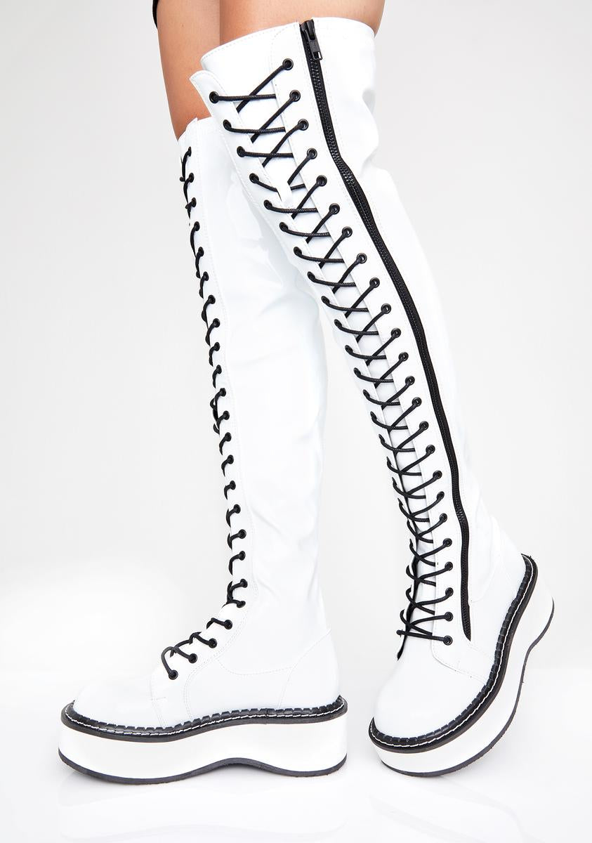 Demonia White Patent Knee High Boots – Dolls Kill