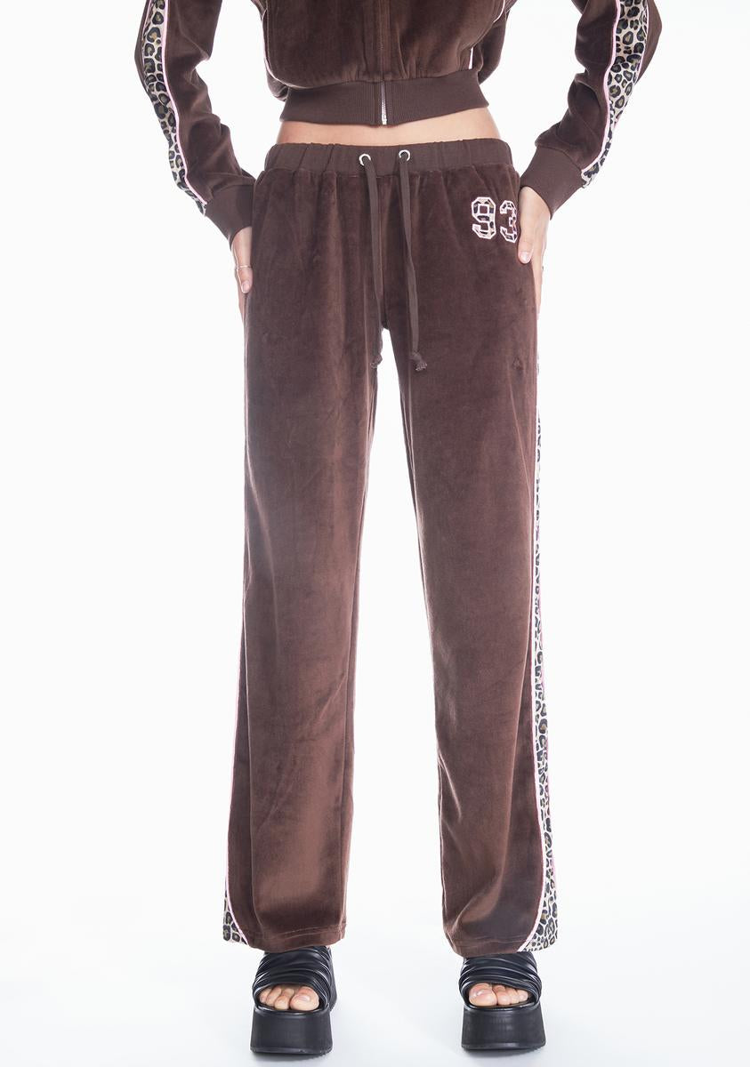 Delia's Velour Leopard Print Embroidered Track Pants - Brown