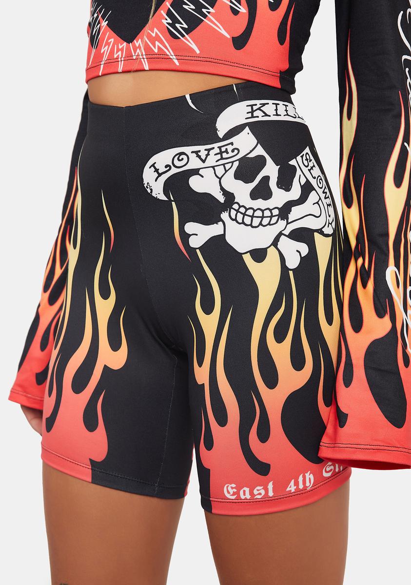 Ed Hardy x Dolls Kill Flame Print Skull Biker Shorts Black