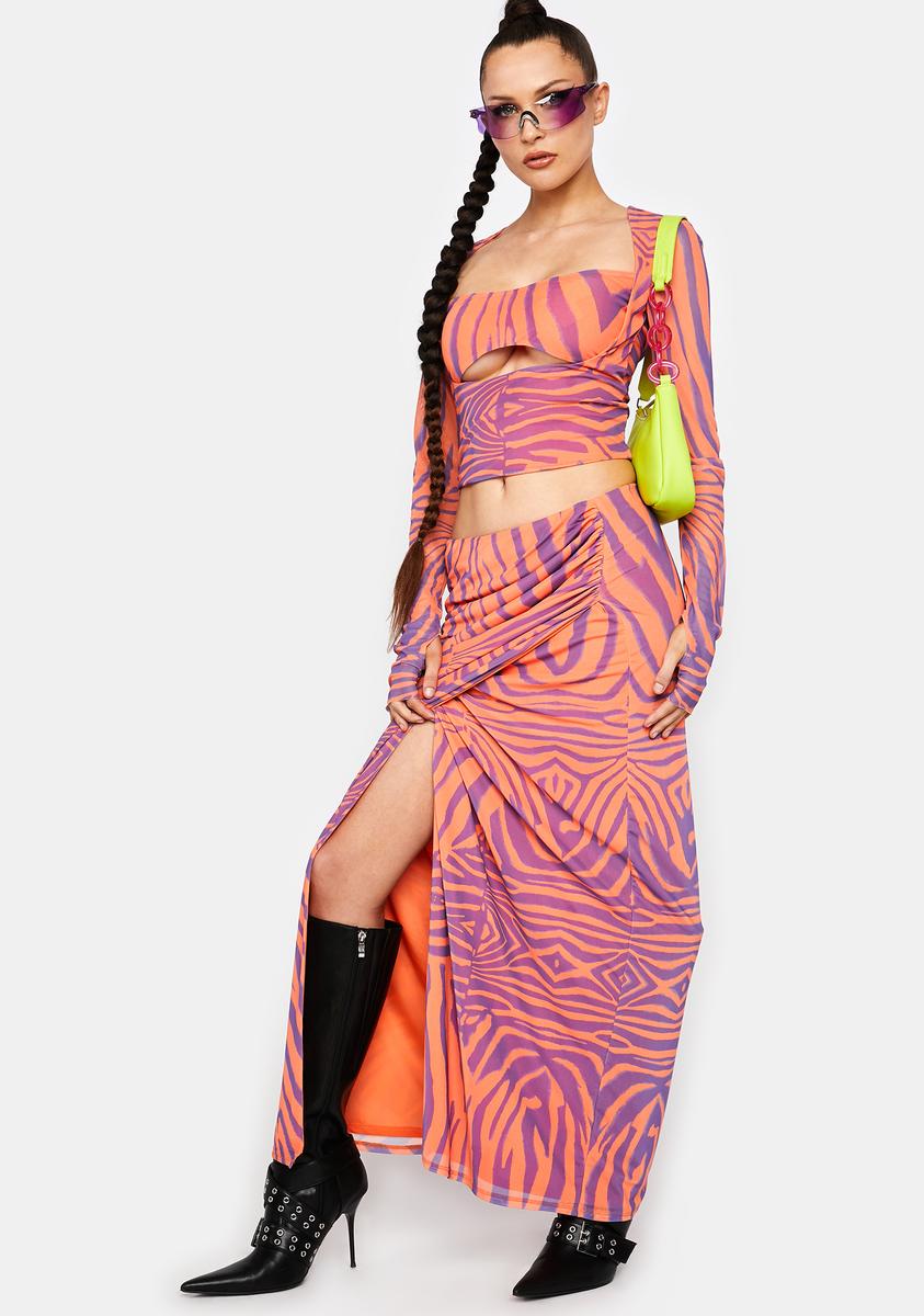AFRM Zebra Print Ruched Slit Midi Skirt Orange – Dolls Kill