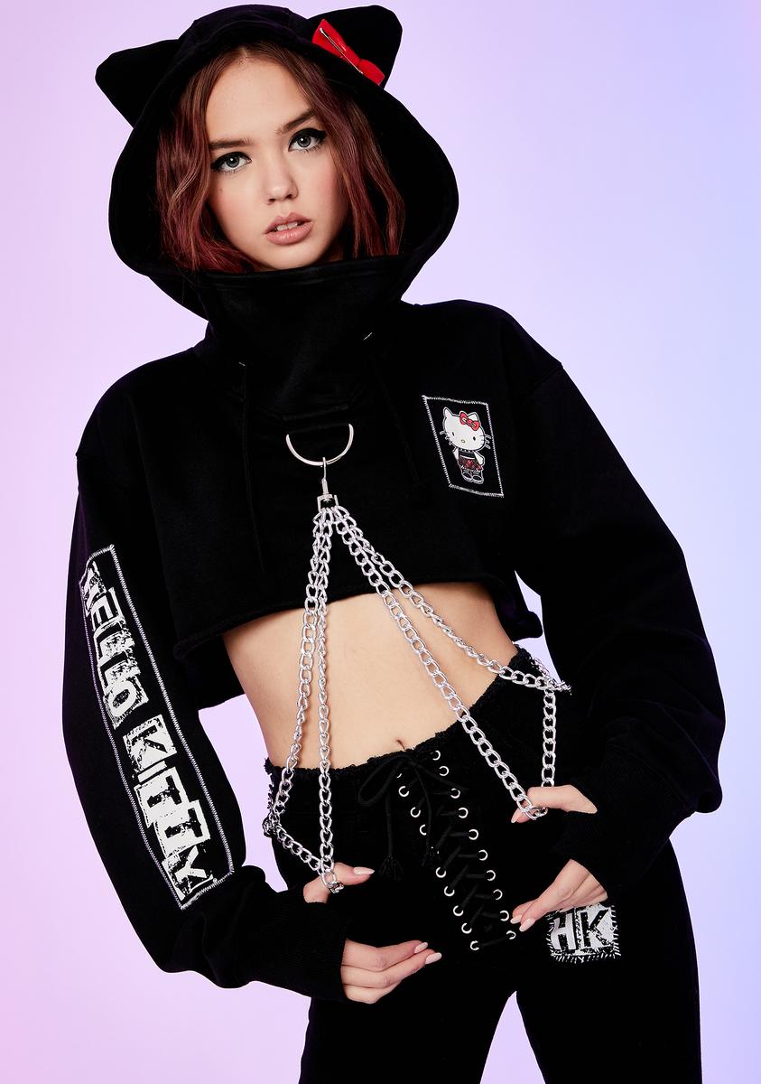 dolls kill hello kitty backpack Dolls Kill Hello Kitty Graphic Crop Hoodie Chain Black Kawaii Punk