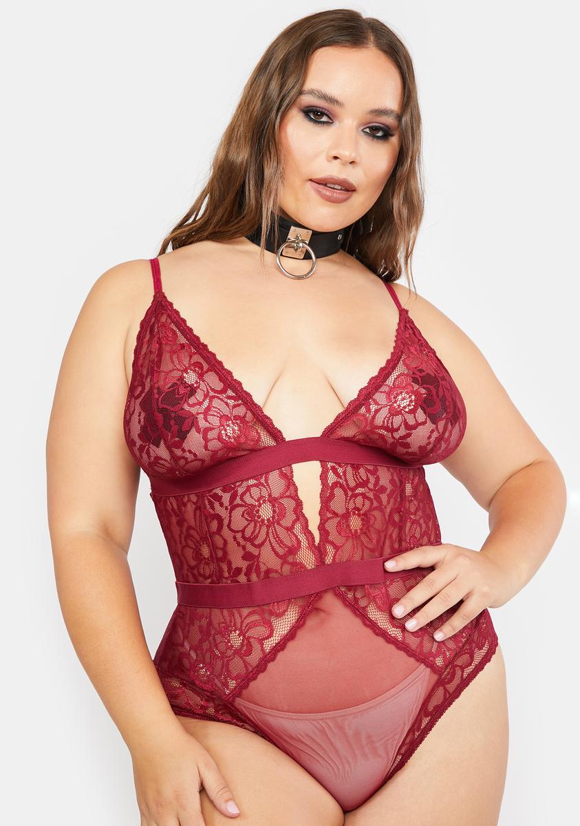 Plus Size Sexy Lace Heart Cut Out Bodysuit - Dark Red Dolls Kill Plus Size Sexy Lace Heart Cut Out Bodysuit - Dark Red Dolls Kill