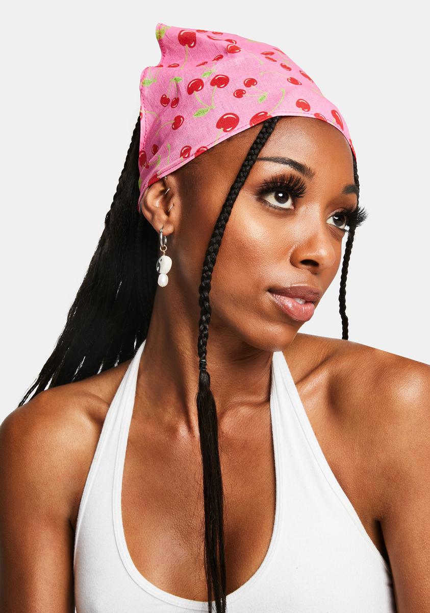 Cherry Print Bandana Head Scarf Pink – Dolls Kill
