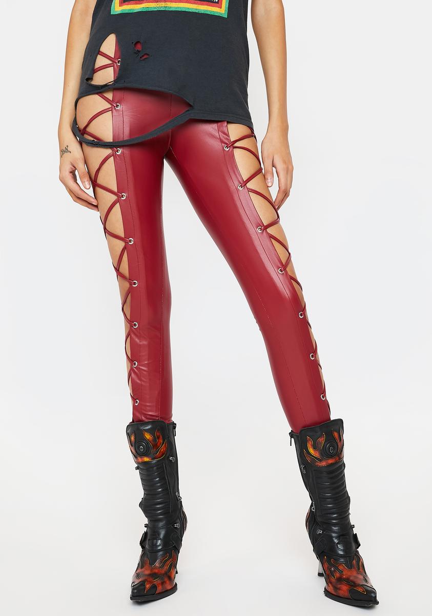 Vegan Leather Lace Up High Waist Leggings Red – Dolls Kill