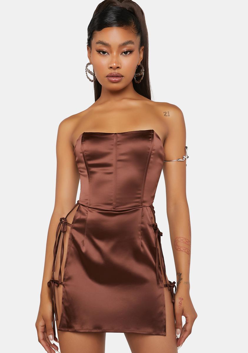 Satin Corset Top Slit Mini Dress - Brown Dolls Kill Satin Corset Top Slit Mini Dress - Brown Dolls Kill